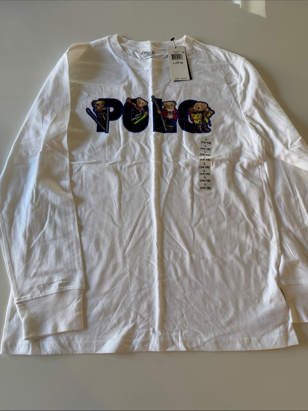 Polo by Ralph Lauren White Tee with Skiing Polo Bear Graphics